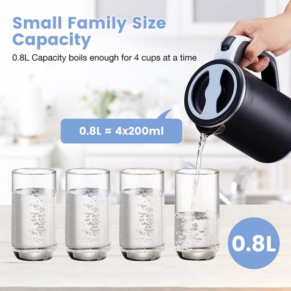 Miniatura Mini Chaleira Elétrica Sekaer 800mL em Aço Inoxidável com Desligamento Automático e Indicador de LED, 110V, Preta