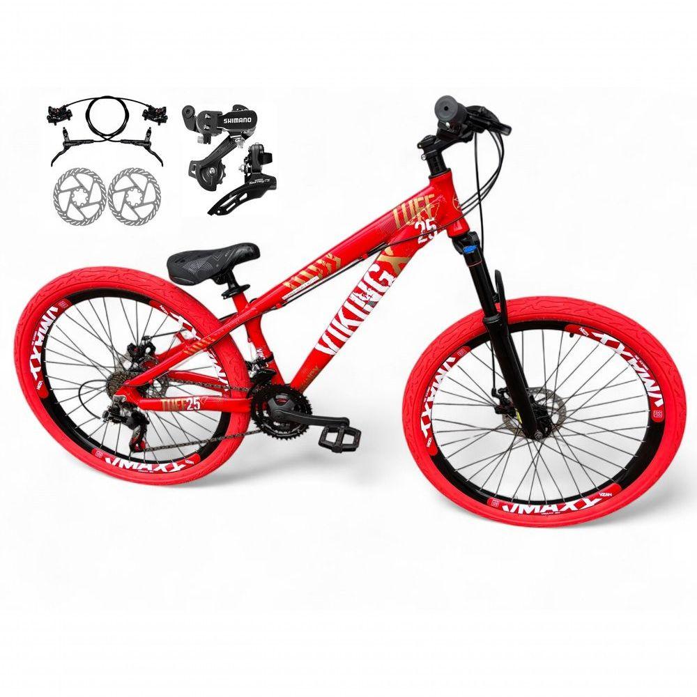 Miniatura Bicicleta Aro 26 Vikingx Tuff Câmbios Shimano Freio Hidráulico 21v Freeride Aro Vmaxx Flame vermelho X25