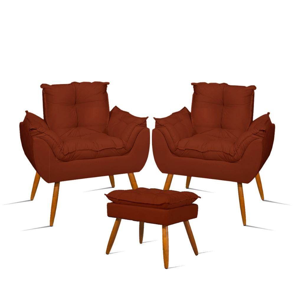 Miniatura Kit 2 Poltronas Luxo + 01 Puff Para Recepção Sala Quarto Terracota