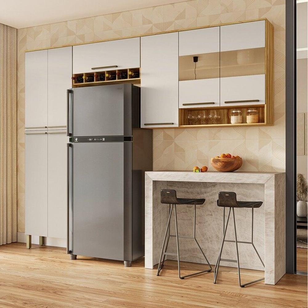 Miniatura Cozinha Compacta Modulada 3 Peças 8 Portas com Vidro Itália Espresso Móveis Amêndoa/Off White