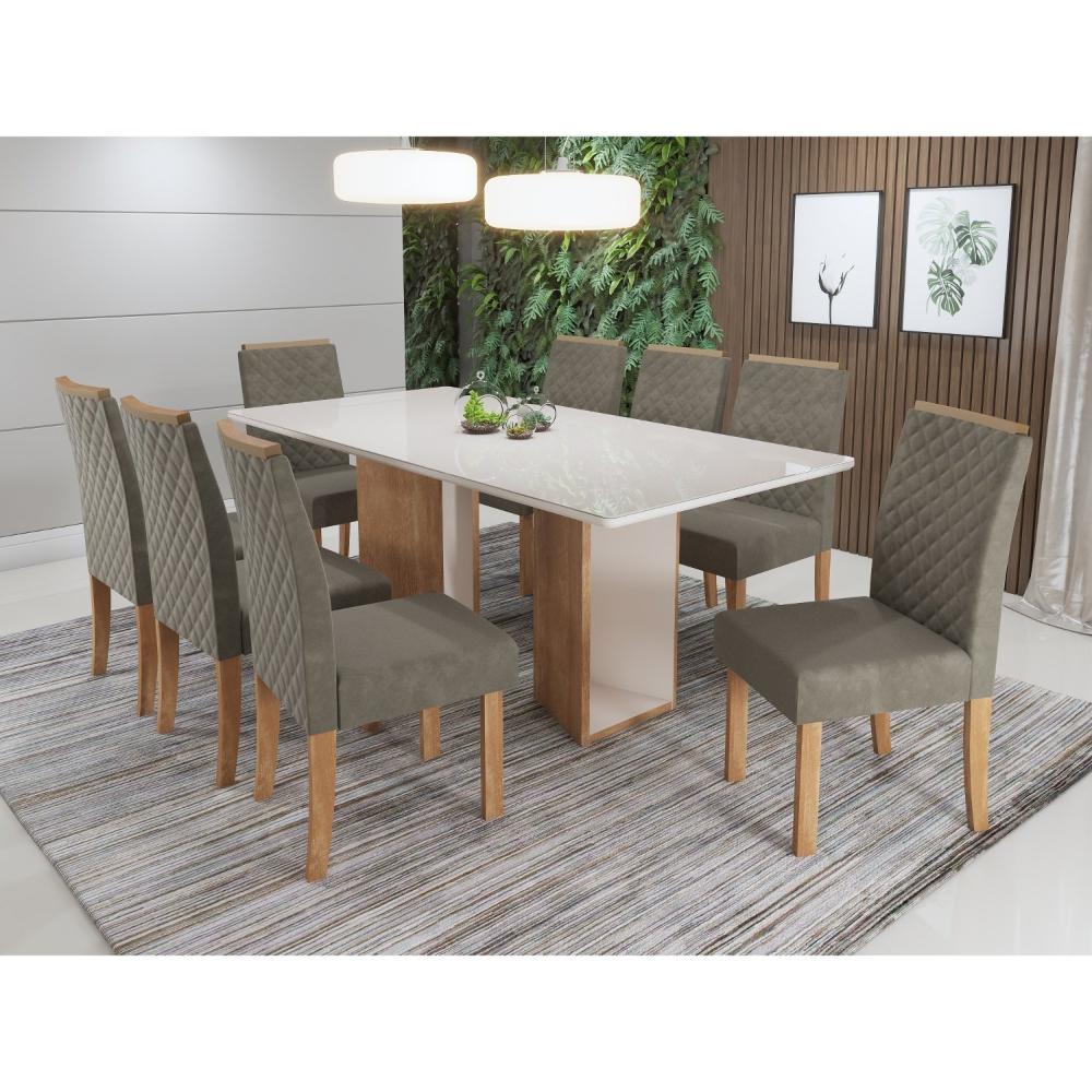 Miniatura Conjunto Sala de Jantar Mesa Ayla 200cm Tampo Vidro/MDF com 8 Cadeiras Elegance Sonetto Móveis Mel/Off White