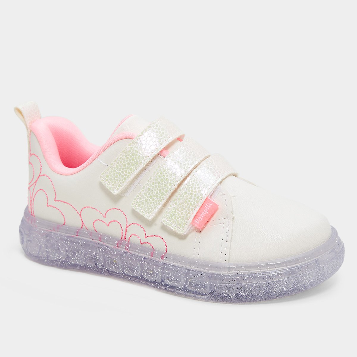 Miniatura Tênis Infantil Pampili Corações + Led Menina Branco+Rosa - 23