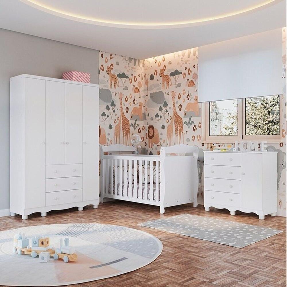 Miniatura Quarto de Bebê Completo Berço Minicama Guarda-roupa 4 Portas e Cômoda 100% Mdf Nina Espresso Móveis Branco Brilho