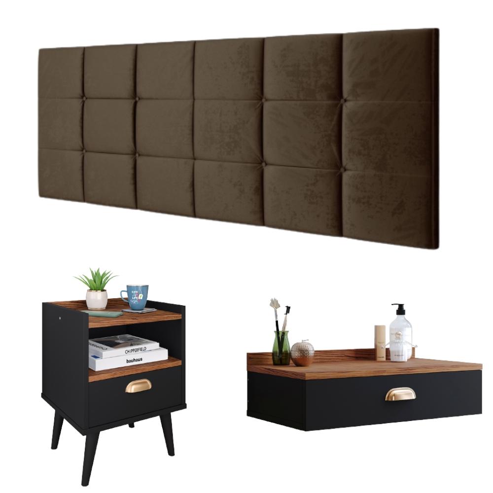 Miniatura Kit Decorativo Quarto Casal Penteadeira Suspensa Gloss Mesinha Lateral Estilo Preto|Freijó Cabeceira Cama Box Queen Bia 1.60 Marrom Suede - RPM Móveis