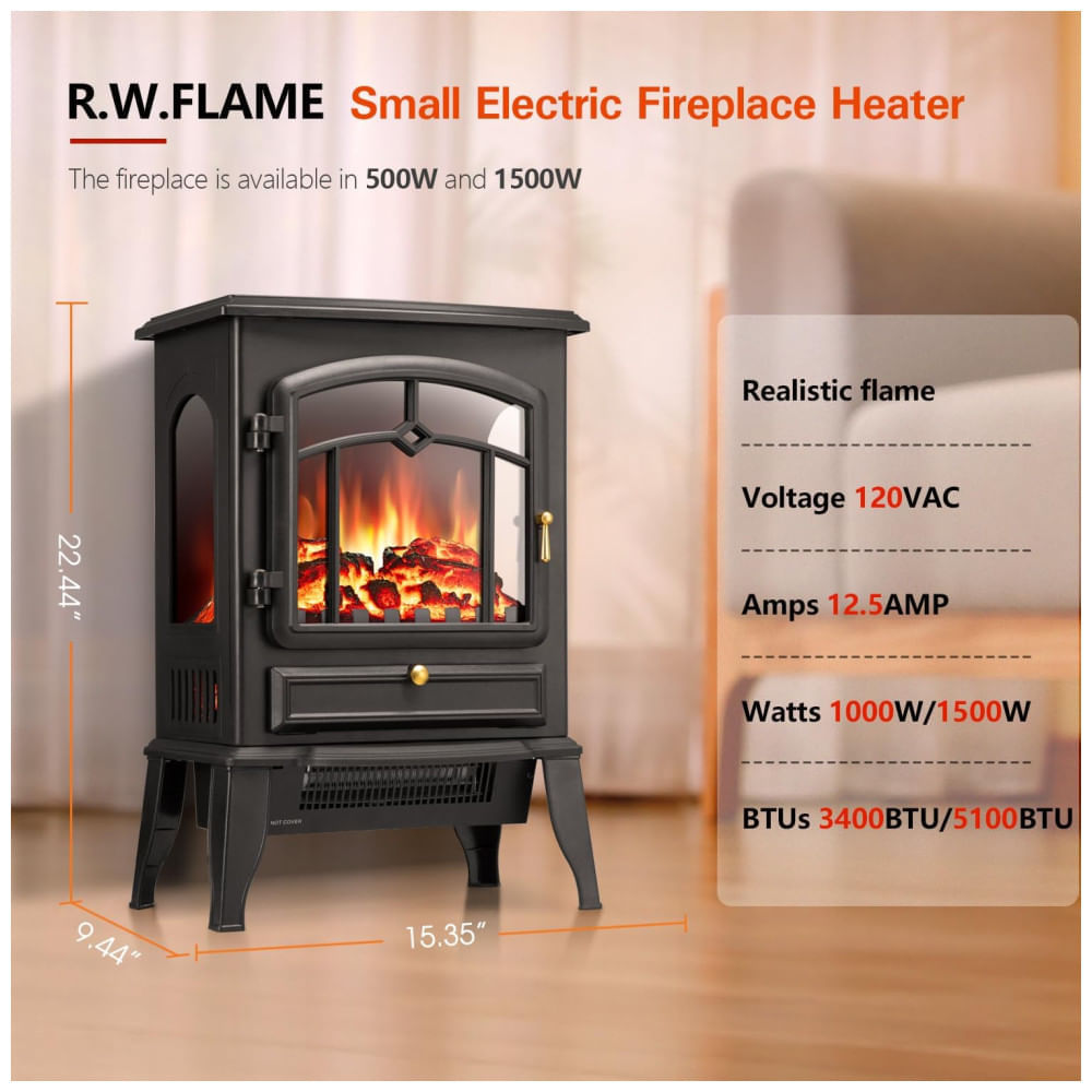 Miniatura Lareira Elétrica Portátil com Termostato e Efeitos de Chama Realistas em 3D, 110V 1500W, RWFLAME, Preta