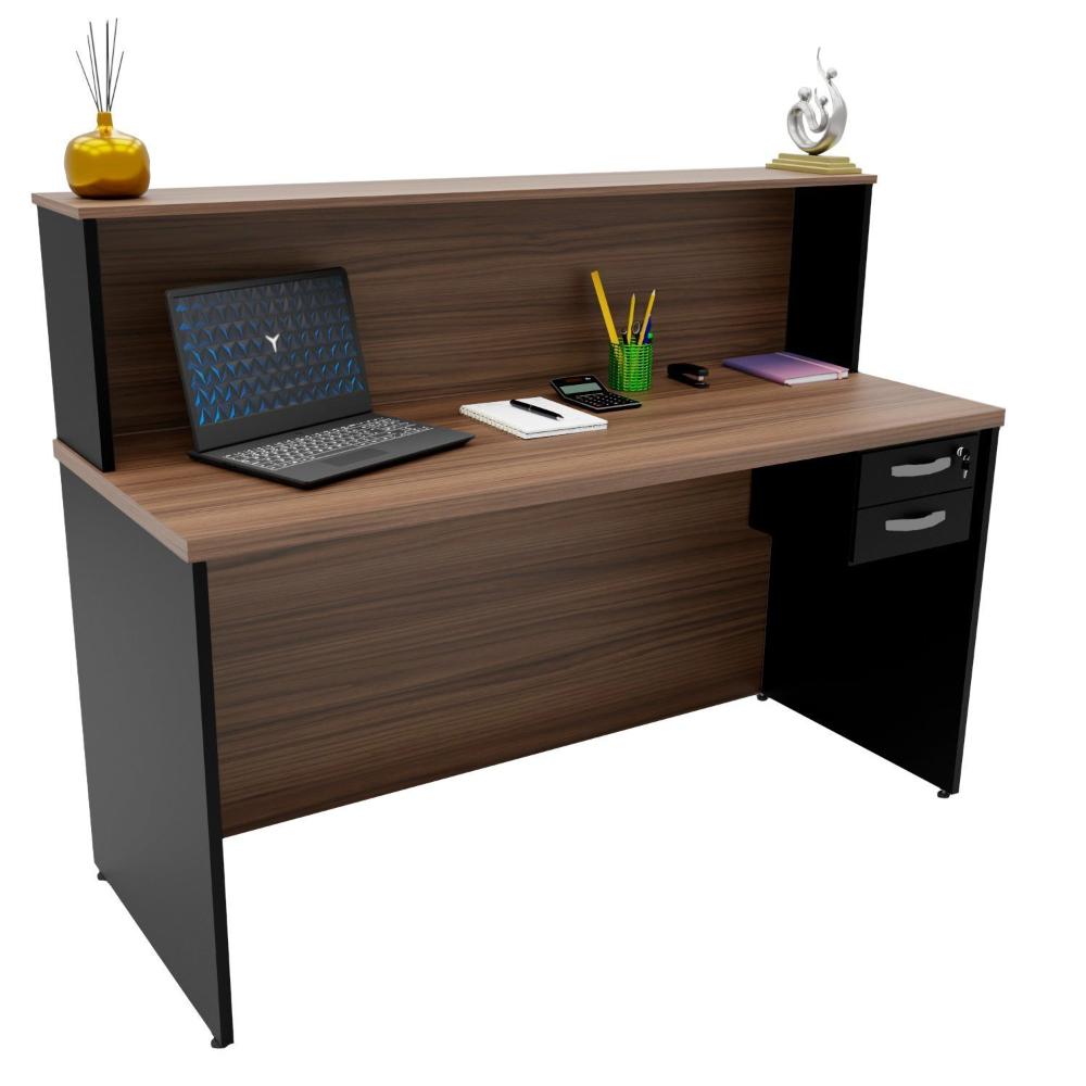 Miniatura Balcão Atendimento Recepção Consultório 140x60cm Com Gaveteiro Nogal