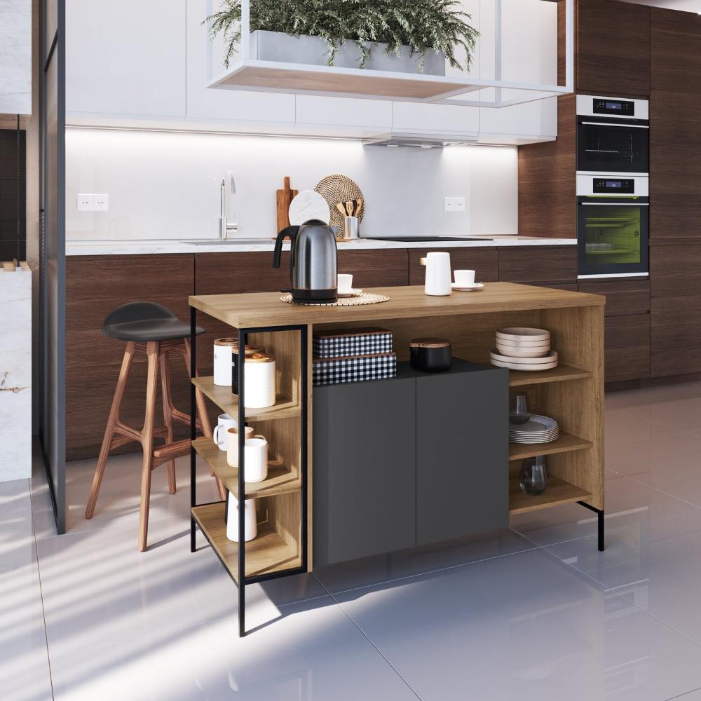 Miniatura Mesa Bancada Gourmet Estilo Industrial 131cm com Armario 2 Portas Preto/Mel/ Grafite