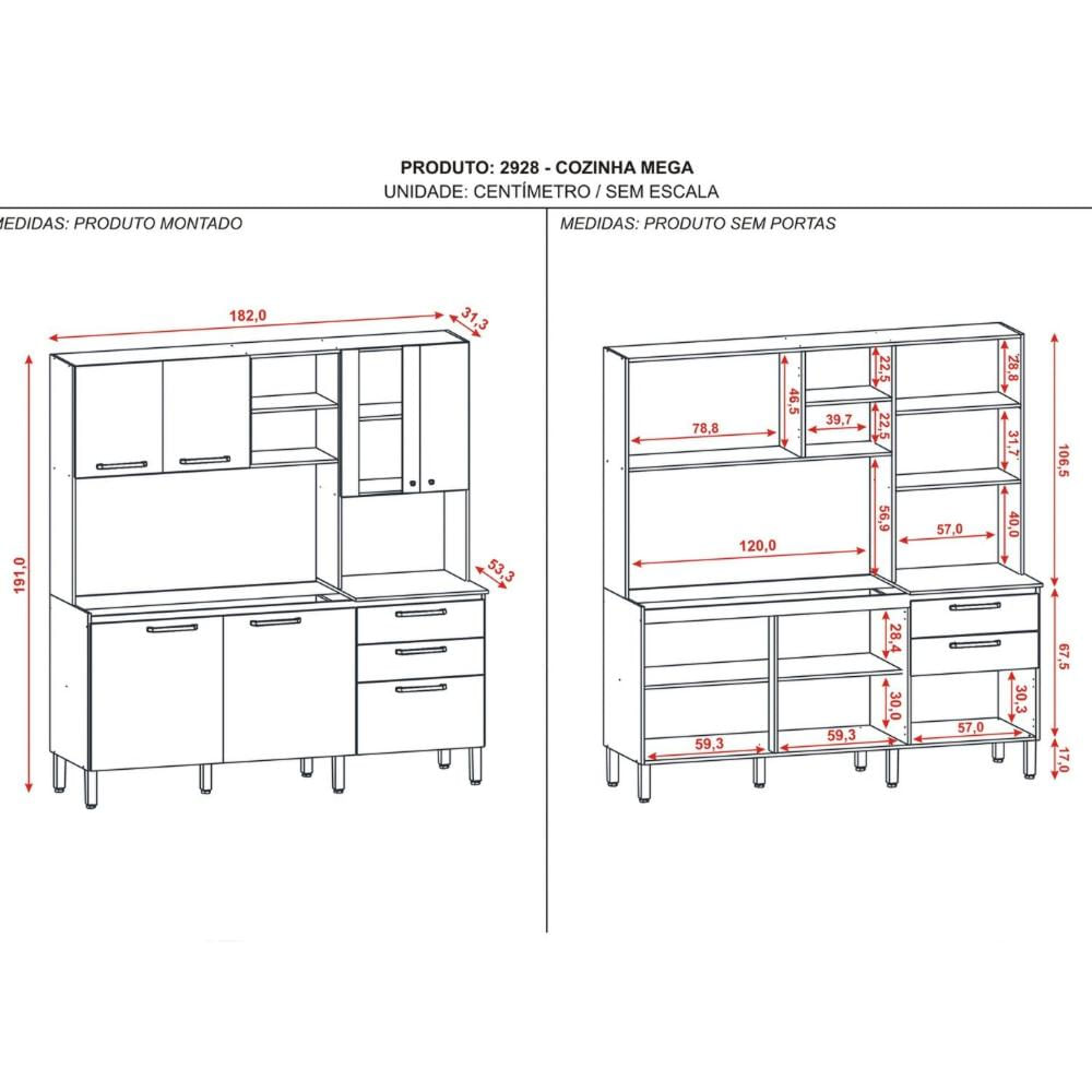 Miniatura Armário de Cozinha 7 Portas 2 Gavetas Mega Freijó/Soft