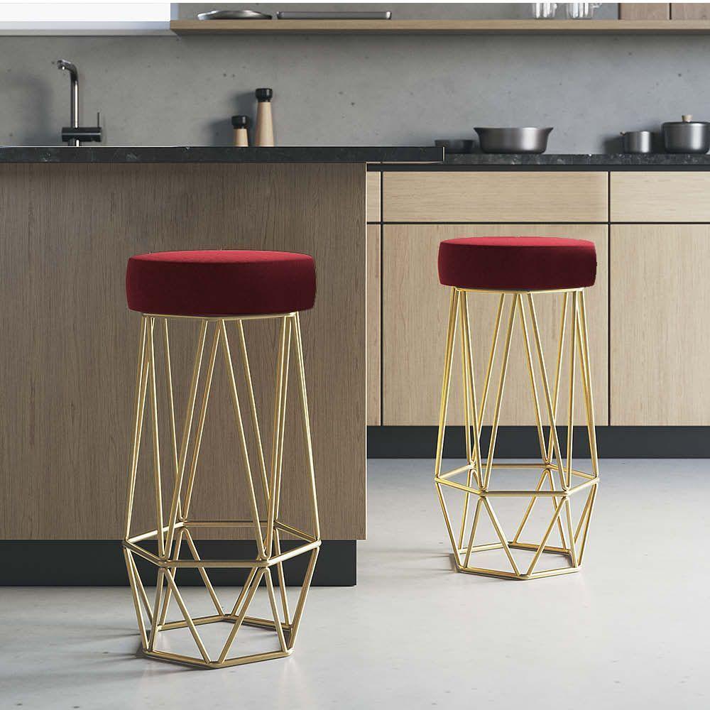 Miniatura Banqueta Com Encosto Mhara Hexágono Cozinha Bar Ferro Dourado Sintético Vermelho - Amey Decor