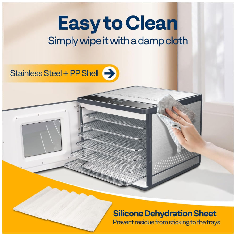 Desidratador de Alimentos VIVOHOME, 6 Bandejas de Aço Inoxidável, Controle de Temperatura 70°C, Temporizador 48H, 400W 110v