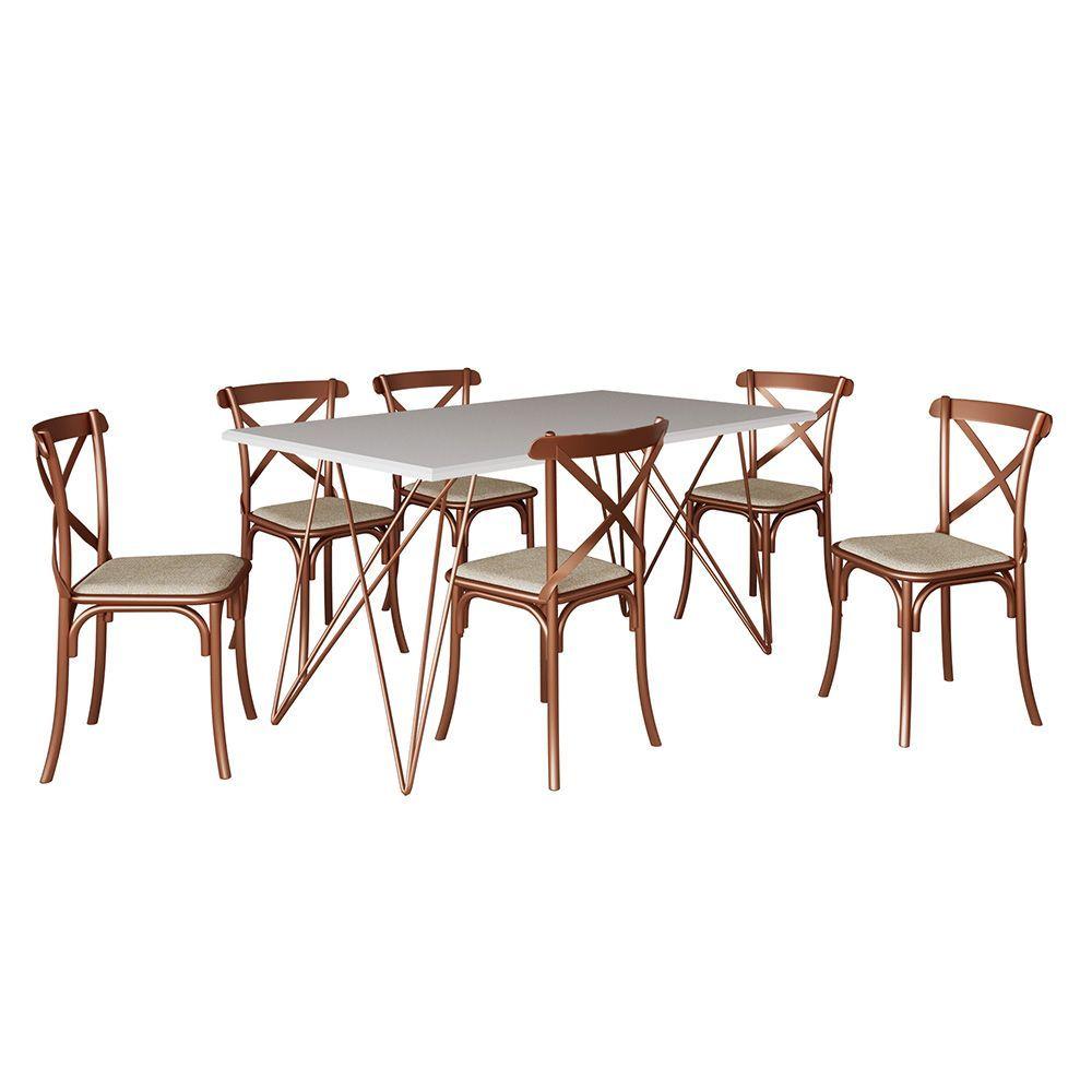 Miniatura Conjunto Mesa De Jantar 6 Cadeiras Katrina Cobre Trama Premium Cobre E Branco 150 Cm - Cor: Marrom