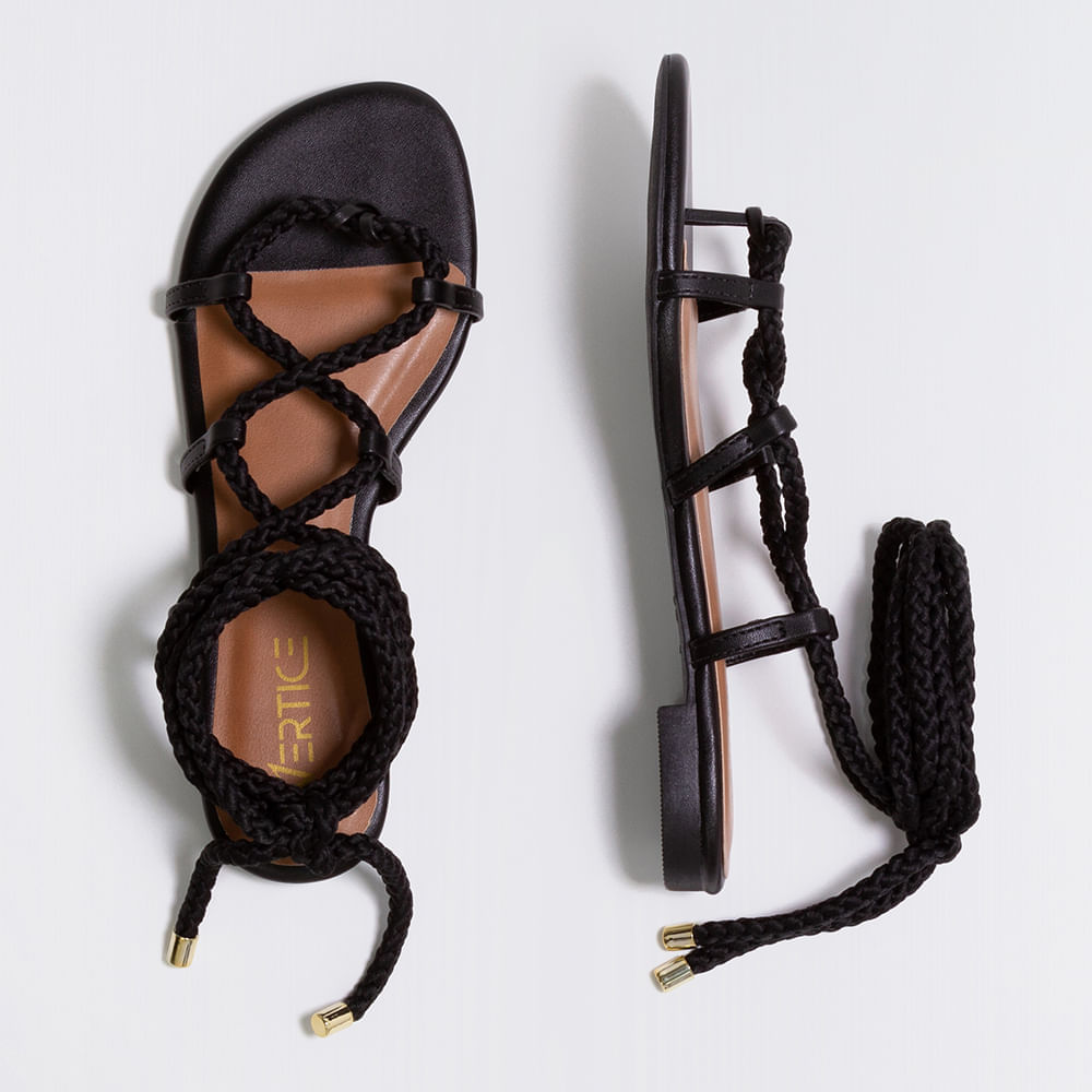 Miniatura Rasteira Flat Feminina Com Amarração Corda - Preto 35