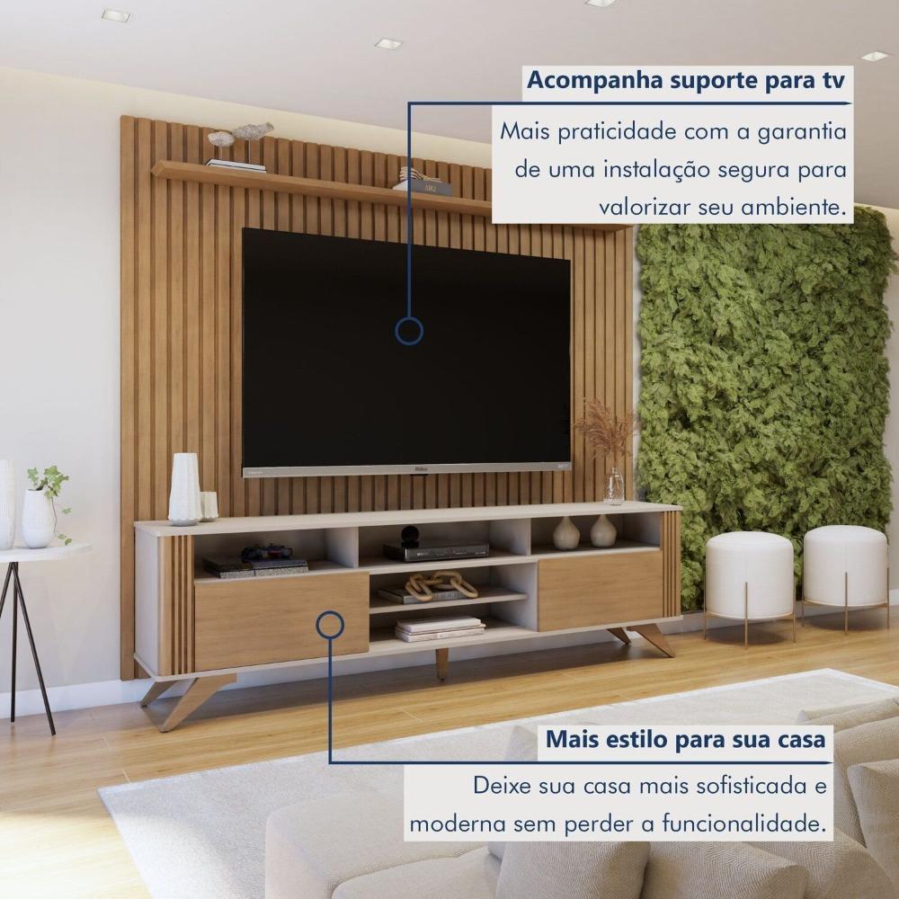 Rack Bancada Mariana Pés Madeira Maciça com Painel Vitória para TV até 65 Polegadas Off White/Cinamomo