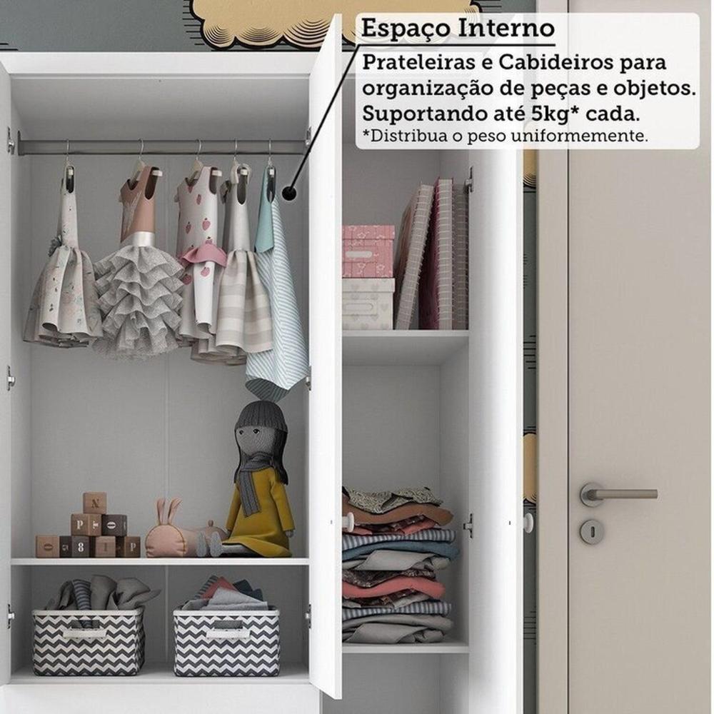 Quarto de Bebê Completo Berço Minicama Guarda-roupa 4 Portas e Cômoda 100% Mdf Nina Espresso Móveis Branco Brilho