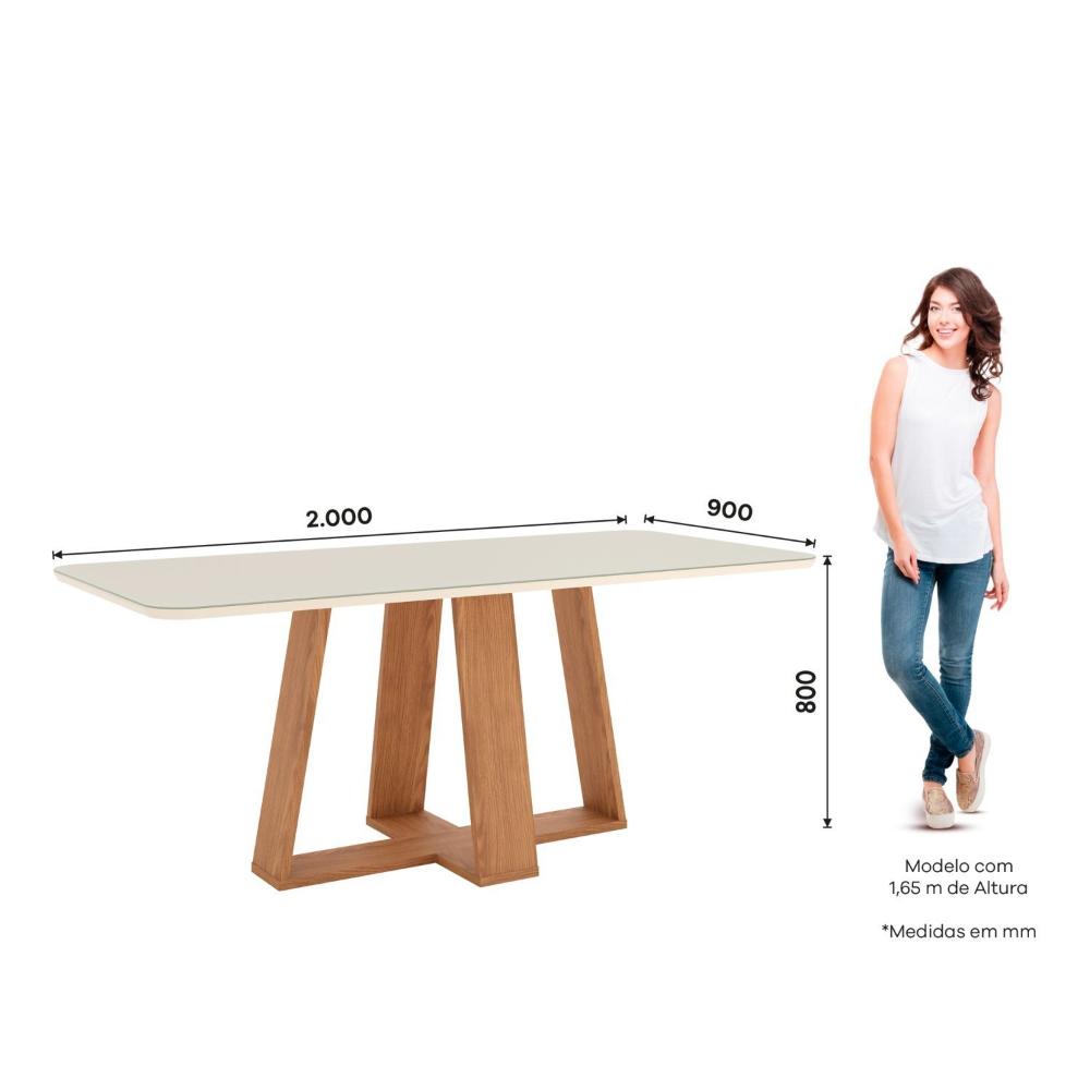 Miniatura Mesa de Jantar para 8 Lugares 2m Tampo Mdf e Vidro Canto Arredondado Lins Nature/Off White