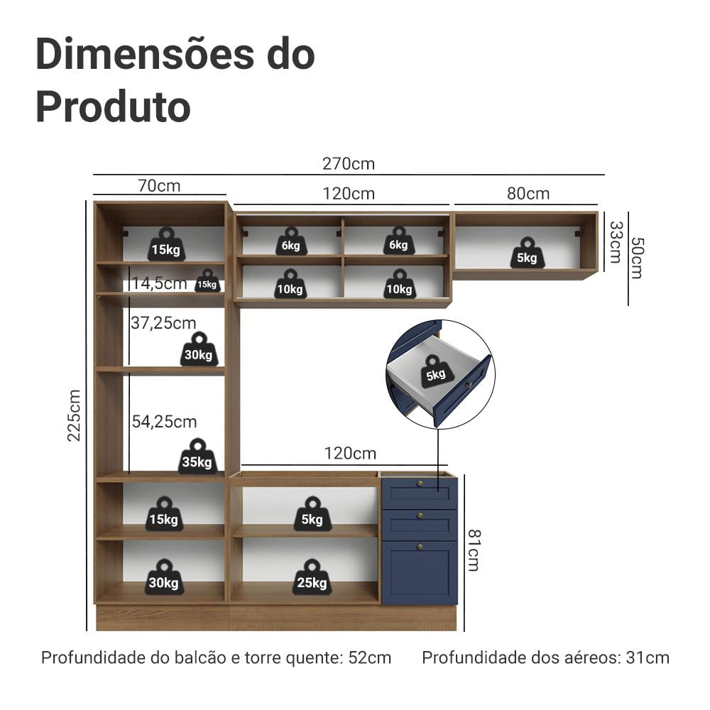 Miniatura Armário de Cozinha Completa 270 cm Rustic/Azul Vik Madesa 04 Rustic/Azul