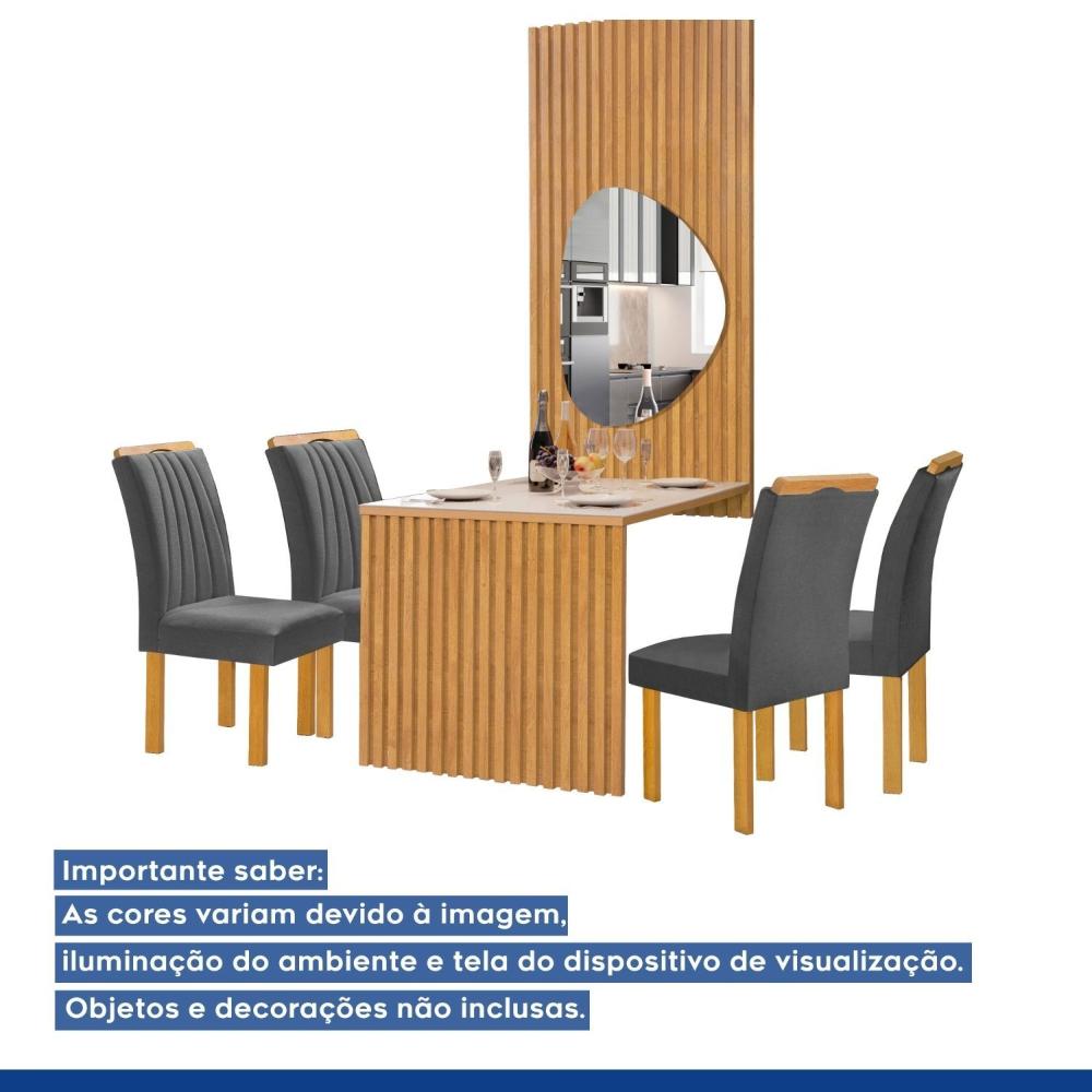 Conjunto Mesa Bella Ripada 120cm com Painel Espelhado Tampo Bella com Vidro 4 Cadeiras Arizona Cinamomo/Off White/Boucle Cinza