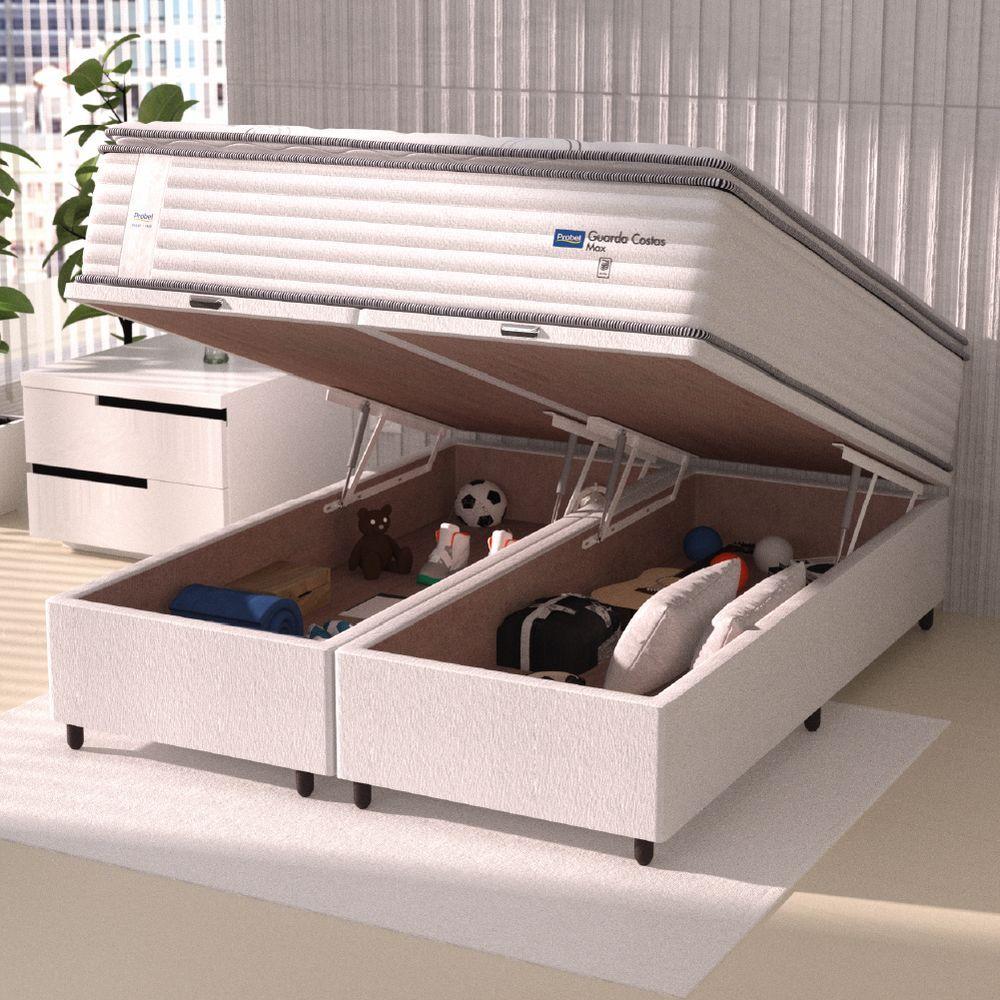 Miniatura Cama Box Baú Casal Queen Colchão Molas Guarda Costas Com Pillow 158x198x81cm Branco Cinza