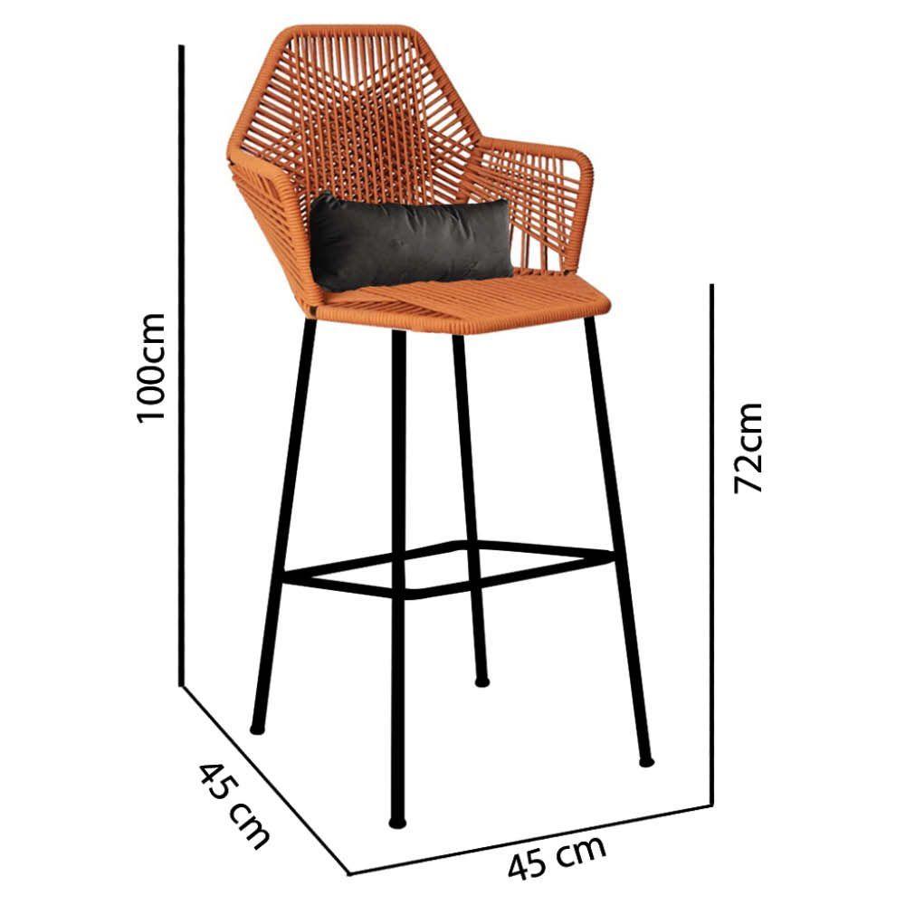 Miniatura Banqueta Alta Com Encosto Ferro Preto Fibra Terracota Almofada Cinza