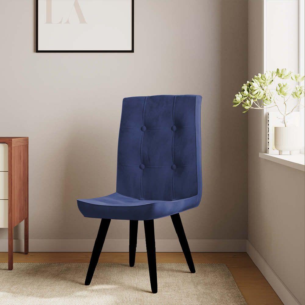 Miniatura Kit 03 Cadeira De Jantar Drop Com Botão Base Pé Palito Preto Suede Azul Marinho - Amey Decor