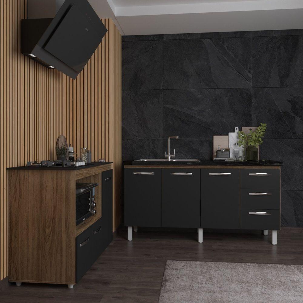 Balcão Armário Gabinete De Pia 150 Cm Deise E Balcão Alana Para Fogão Cooktop 4 Bocas E Forno Elétrico Savana Preto