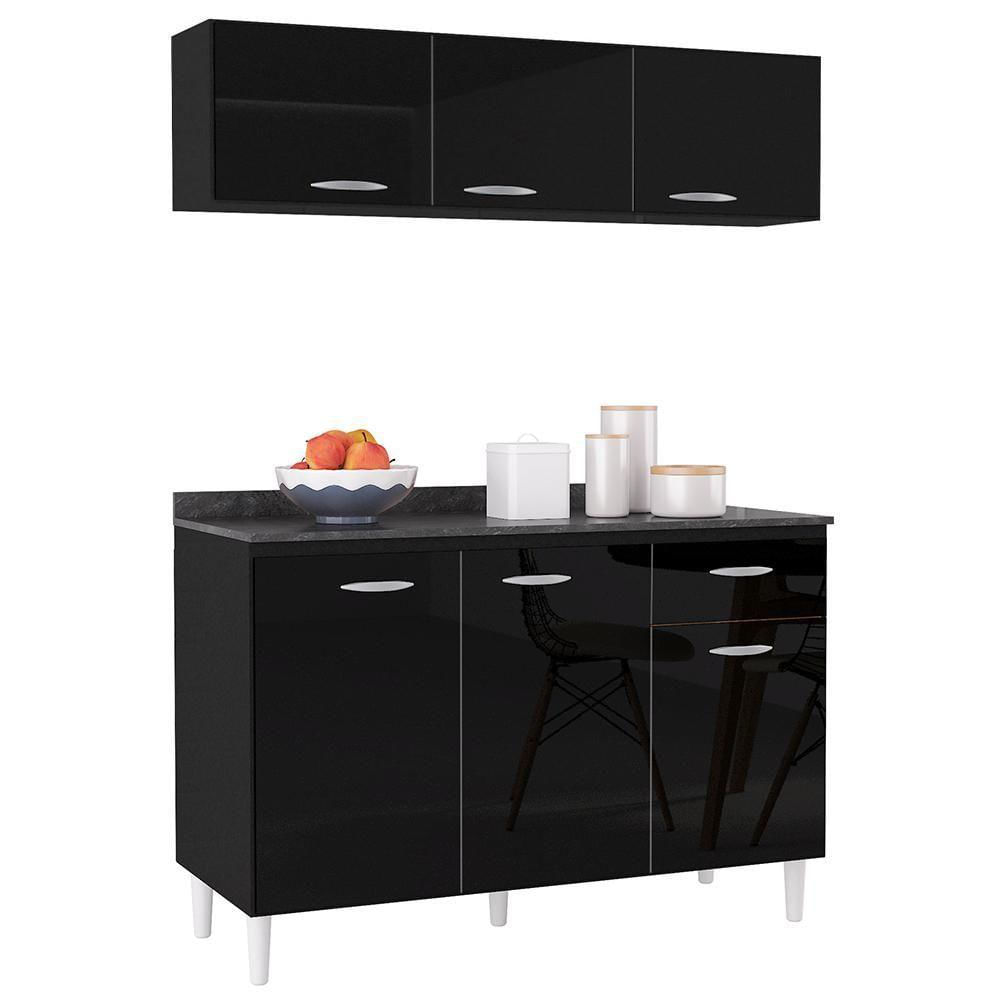 Miniatura Armário Aéreo E Balcão De Cozinha 120cm Com Tampo Classic P11 Preto - Mpozenato
