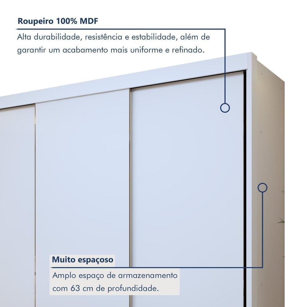 Guarda-roupas 3 Portas de Correr 100% Mdf Monte Rei Branco