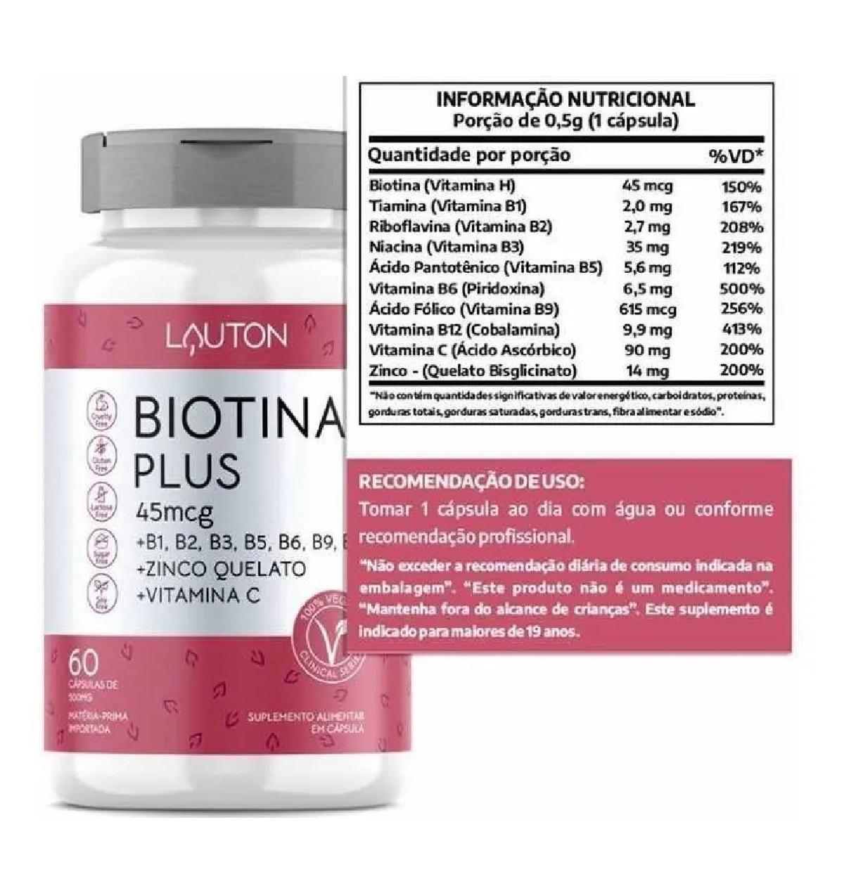 Miniatura Biotina + Zinco + Vit B1 B2 B3 B5 B6 B9 B12 C 60Caps Lauton