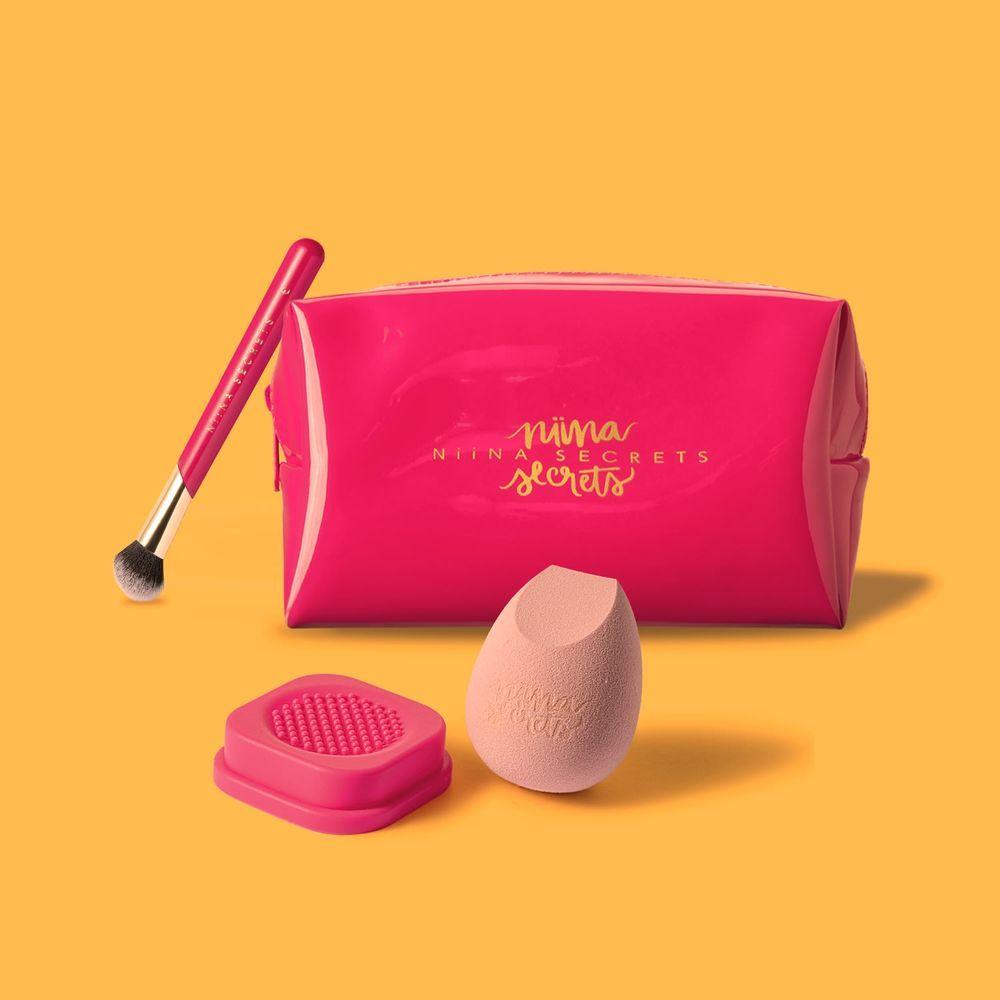 Miniatura Combo Niina Secrets: Esponja De Maquiagem + Pincel Multifuncional + Necessaire Rosa