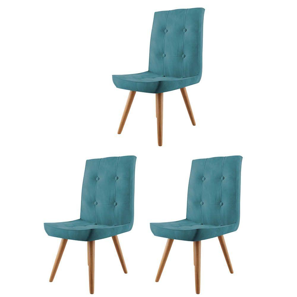 Miniatura Conjunto 03 Cadeira De Jantar Drop Com Botão Base Pé Palito Madeira Suede Azul Turquesa