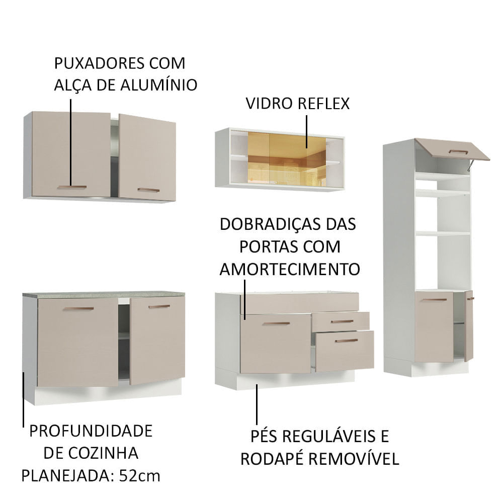 Armário de Cozinha Completa 310 cm Branco/Crema Agata Madesa 01 Cor:Branco/Crema