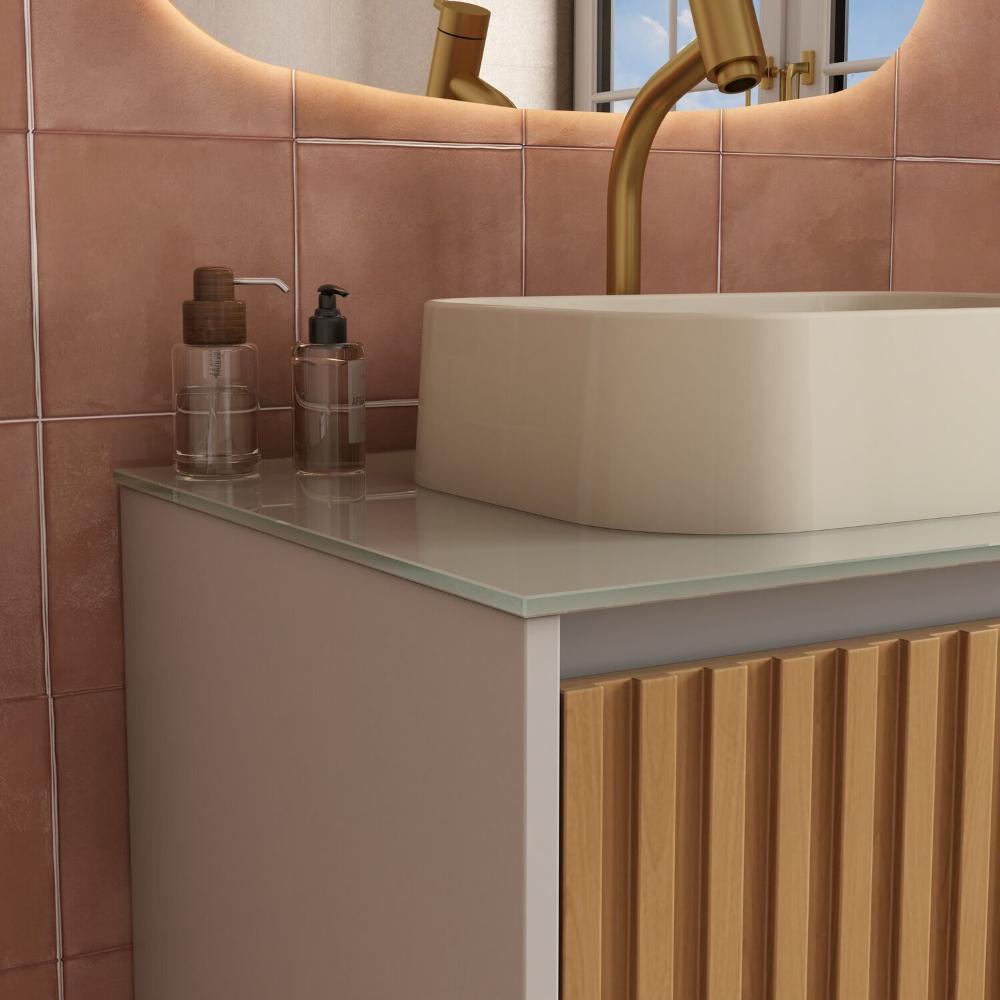 Gabinete para Banheiro Ripado com Tampo de Vidro Nude/Jequitiba