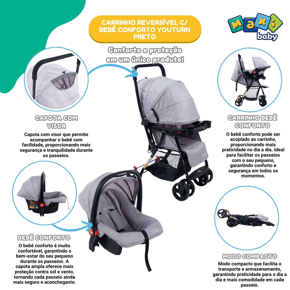 Carrinho de Bebê com Bebê Conforto 2 em 1 Youturn Maxi Baby Cinza