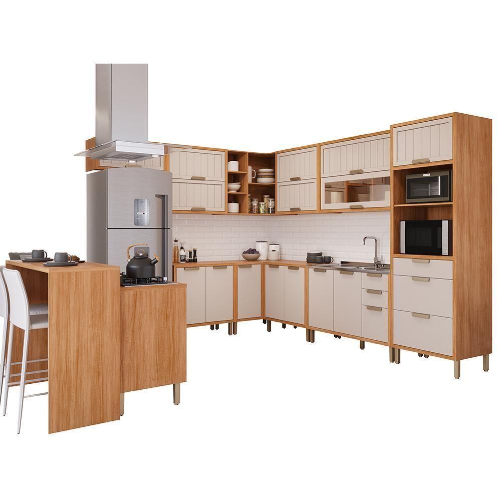 Miniatura Cozinha De Canto Modulada Estela 12 Peças Cinamomo-off White Com Ilha Gourmet - Mgm Cinamomo-off White