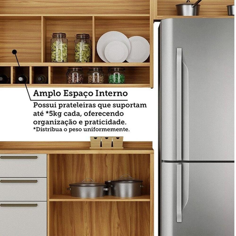 Cozinha Modulada Completa 5 Peças 11 Portas e Vidro Reflecta 349cm 100% Mdf Vicenza Espresso Móveis Amêndoa/Branco