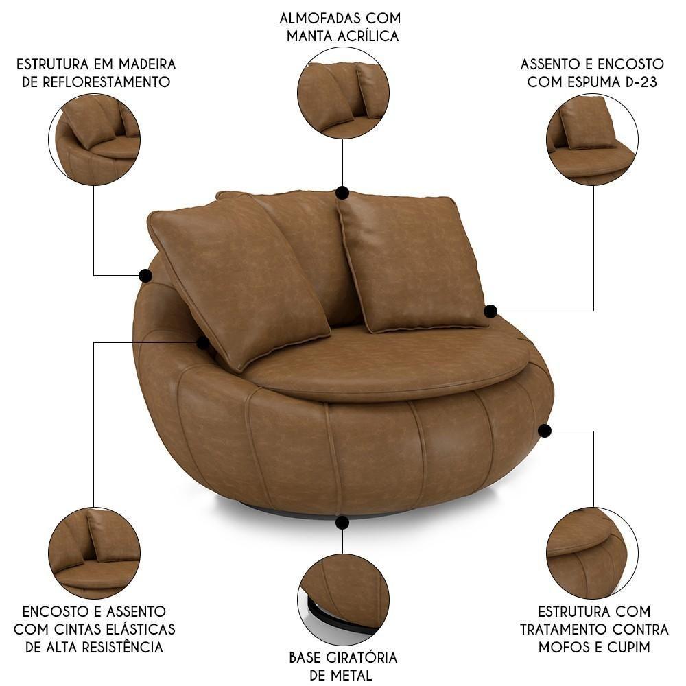 Poltrona Decorativa Redonda Giratória Com Almofadas Saphire M22 Sintético Caramelo - Mpozenato