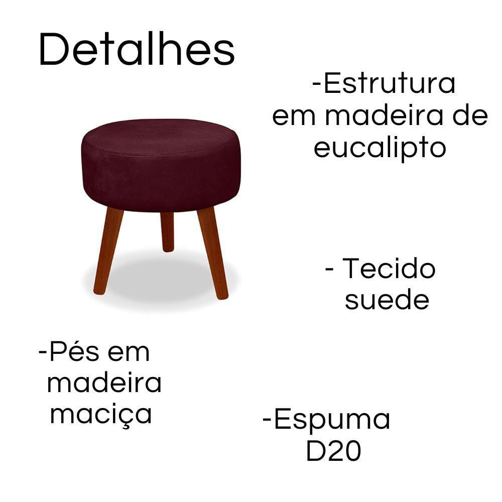 Miniatura Kit 2 Puff Redondo Decorativo Danny Pés Palito Cor:vermelho Escuro
