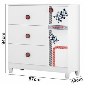 Miniatura Cômoda Móveis Estrela Fast Car com 3 Gavetas e 1 Porta - Branco/Vermelho/Preto