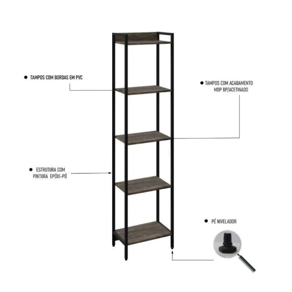 Conjunto Rack para TV até 50 Polegadas 1 Nicho Aéreo 2 Estante Estilo Industrial Active Yescasa Carvalho Dark