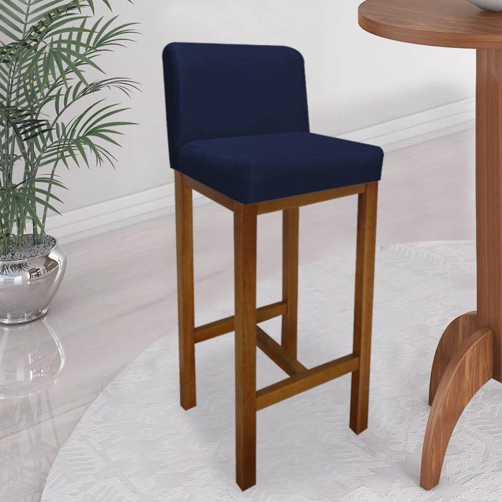 Miniatura Banqueta Alta Com Encosto Aila Cozinha Balcão Bistrô Base Madeira Castanho Suede Azul Marinho