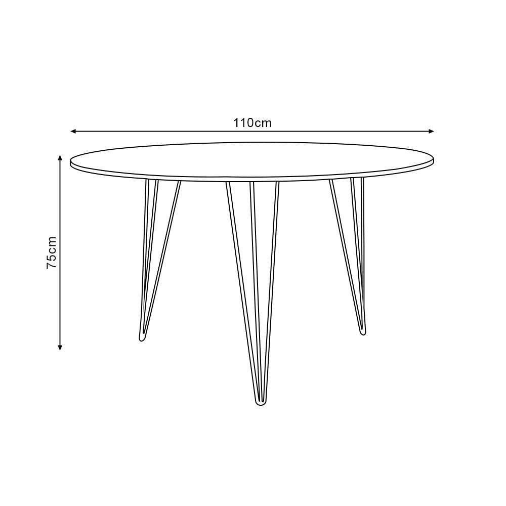 Miniatura Mesa Jantar Redonda 110Cm Amêndoa Clips 3 Pés Com 5 Poltronas Pretas Base Dourada Marrom