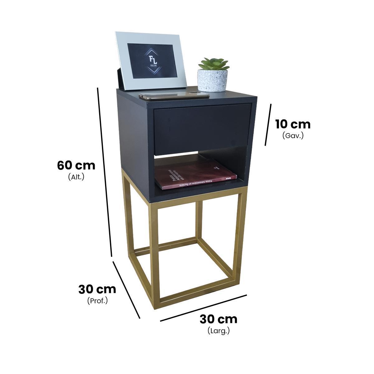 Miniatura Kit 2 Mesas Cabeceira 30Cm Preto 1 Gaveta Metal Ind Dourado