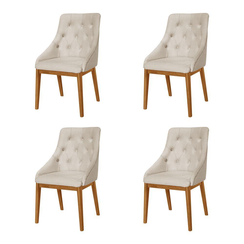 Miniatura Kit 4 Cadeiras De Jantar Estofada Elisa Anatômica Capitonê Linho Bege Base Madeira Maciça Mel Bege