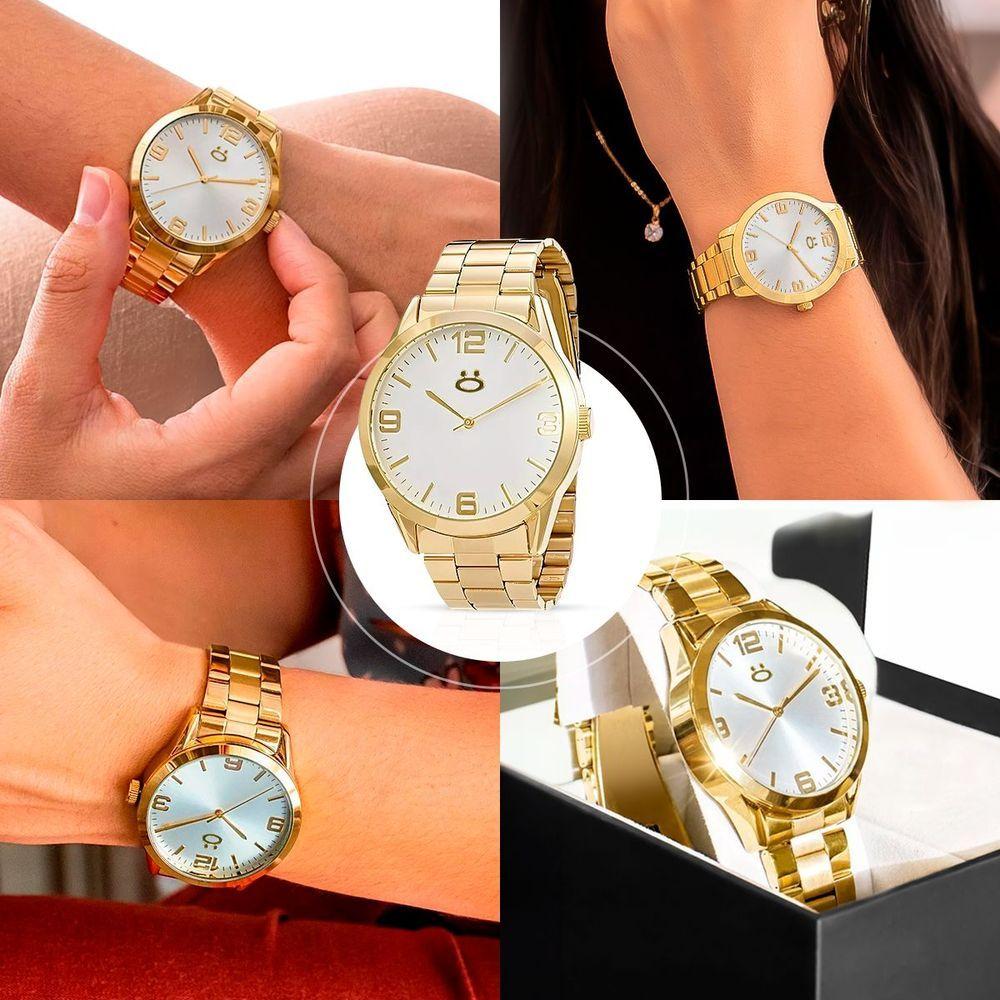 Relogio Feminino Dourado Aço Inox + Caixa + Brincos + Colar Social Moda Casual Presente Strass