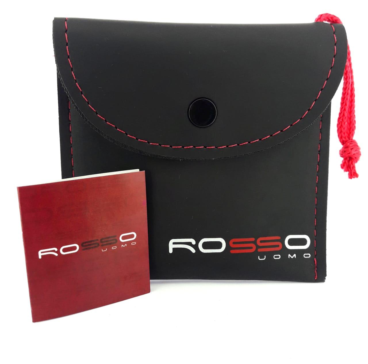 Miniatura Pulseira Rosso Couro Preto Trançado Placa Aço