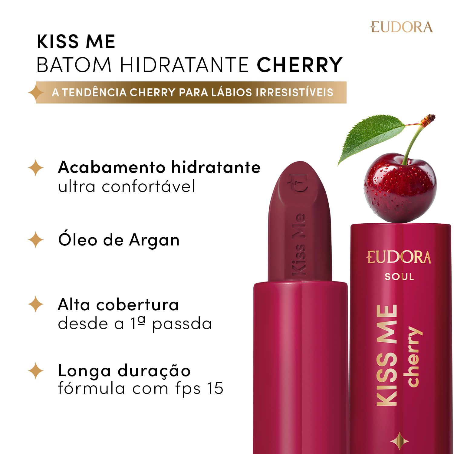 Eudora Kiss Me Cherry Batom Hidratante Vermelho Cereja Divina 3,7g