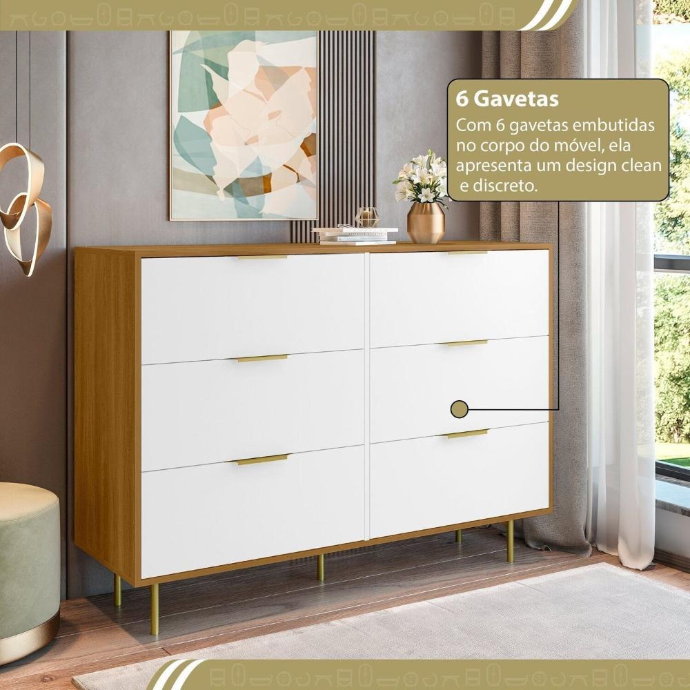 Miniatura Cômoda para Quarto com 6 Gavetas 135cm X 102cm Safira Freijó/Branco