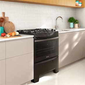Fogão Continental 5 Bocas FC5GB Preto com Mesa de Vidro, Forno Eco Turbo e Tripla Chama – Bivolt