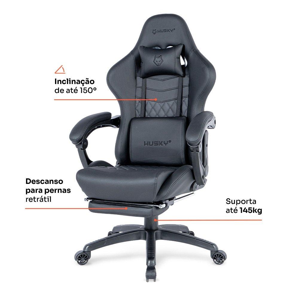 Cadeira Gamer Husky Tempest 700, Até 145kg, Almofadas, Reclinável 150º, PU, Descanso para Pés, Preta - HCG700PT