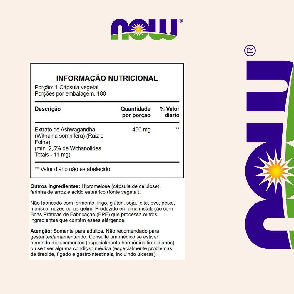 Miniatura Ashwagandha 450mg 180 Cápsulas Now Foods